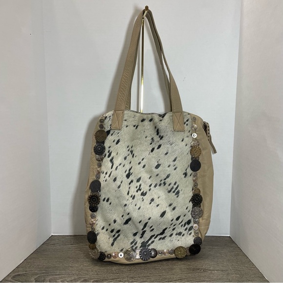 Anokhi leatherTote Bag. Cowhide. Germany. Medallions. Boho/western feel. 16x14” - Picture 1 of 13